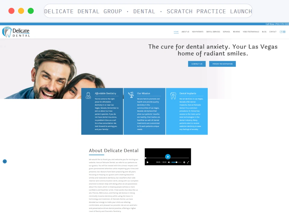Homepage of Delicate Dental Group, a Dental · Scratch practice launch business, shown in a browser window