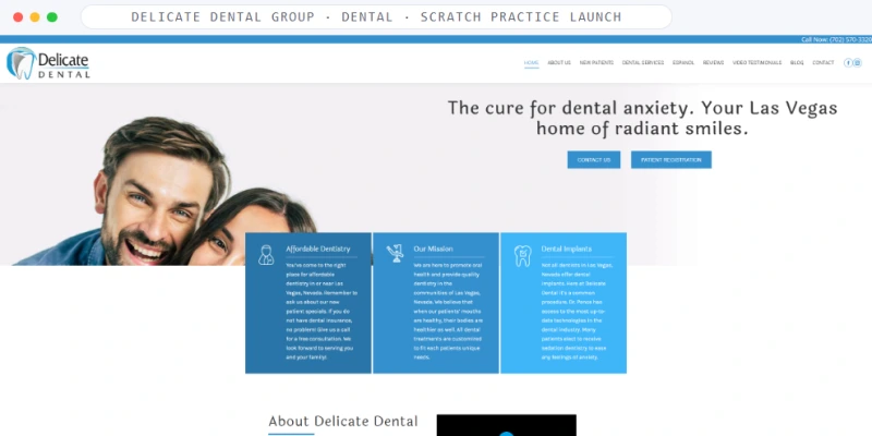 Homepage of Delicate Dental Group, a Dental · Scratch practice launch business, shown in a browser window