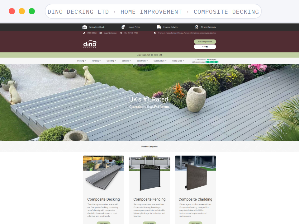 Homepage of Dino Decking Ltd, a Home Improvement · Composite Decking business, shown in a browser window