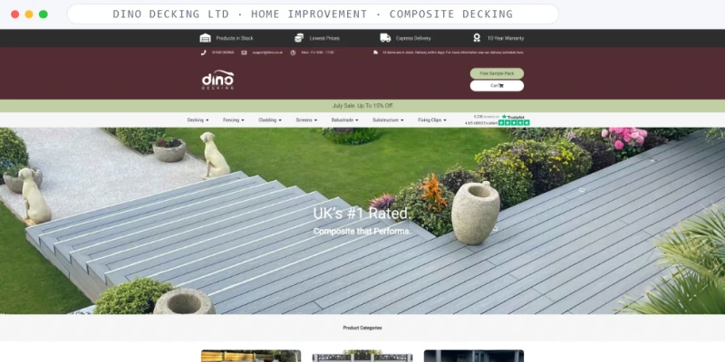 Homepage of Dino Decking Ltd, a Home Improvement · Composite Decking business, shown in a browser window