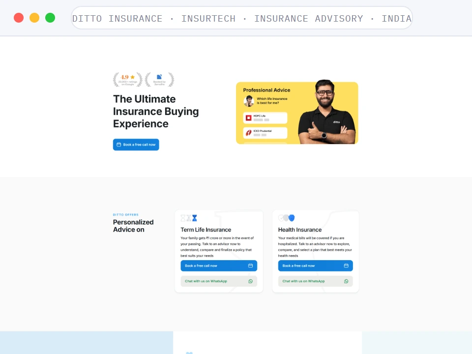 Homepage of Ditto Insurance, a Insurtech · Insurance Advisory · India business, shown in a browser window