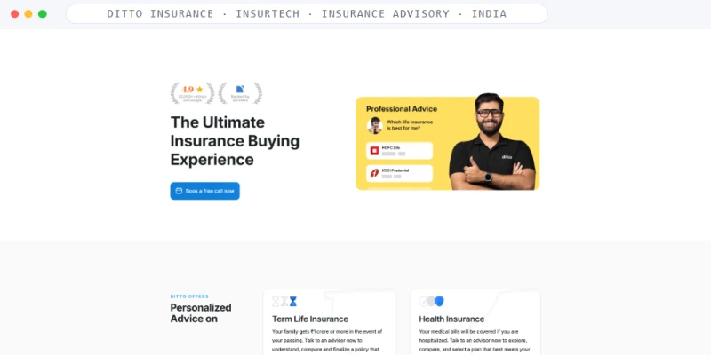 Homepage of Ditto Insurance, a Insurtech · Insurance Advisory · India business, shown in a browser window