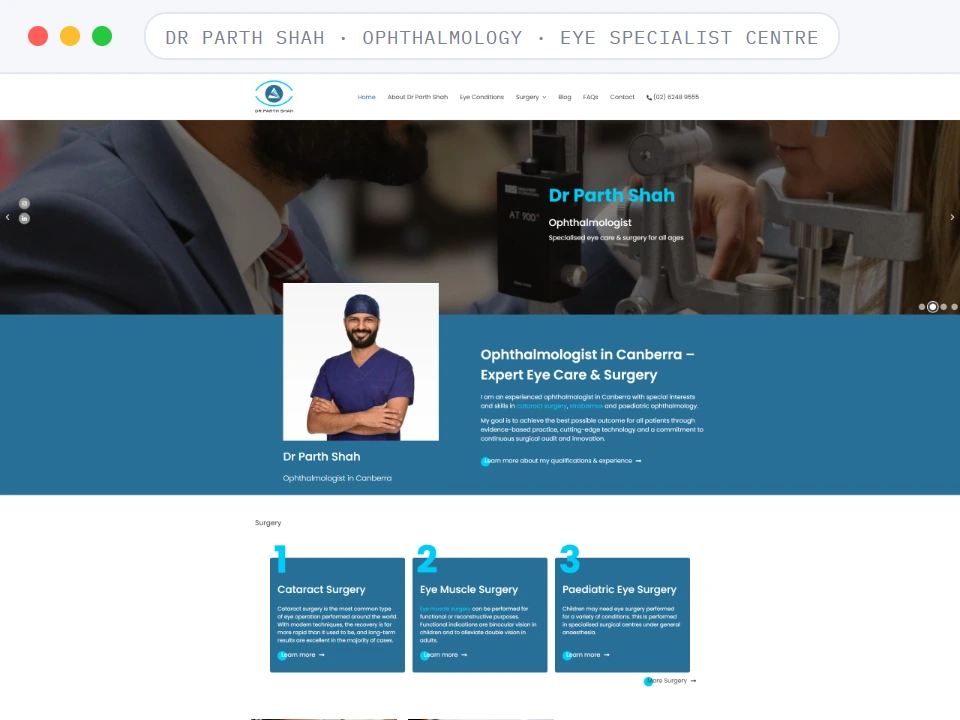 Homepage of Dr Parth Shah, a Ophthalmology · Eye Specialist Centre business, shown in a browser window