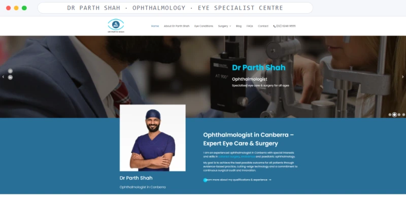 Homepage of Dr Parth Shah, a Ophthalmology · Eye Specialist Centre business, shown in a browser window