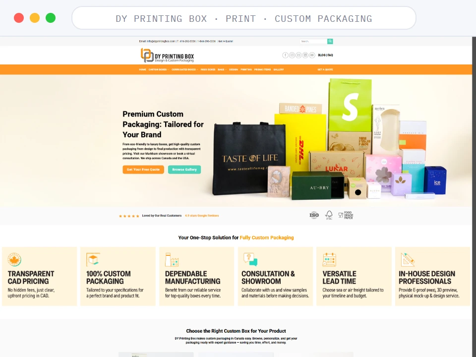 Homepage of DY Printing Box, a Print · Custom Packaging business, shown in a browser window