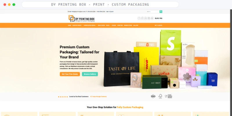 Homepage of DY Printing Box, a Print · Custom Packaging business, shown in a browser window