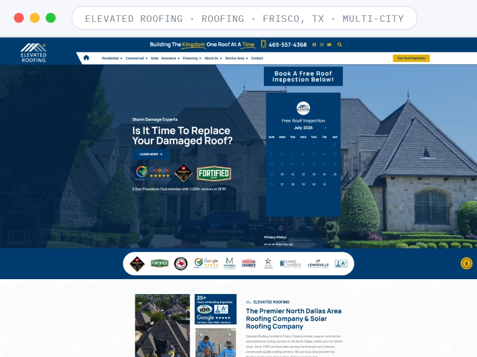 Homepage of Elevated Roofing, a Roofing · Frisco, TX · Multi-City business, shown in a browser window