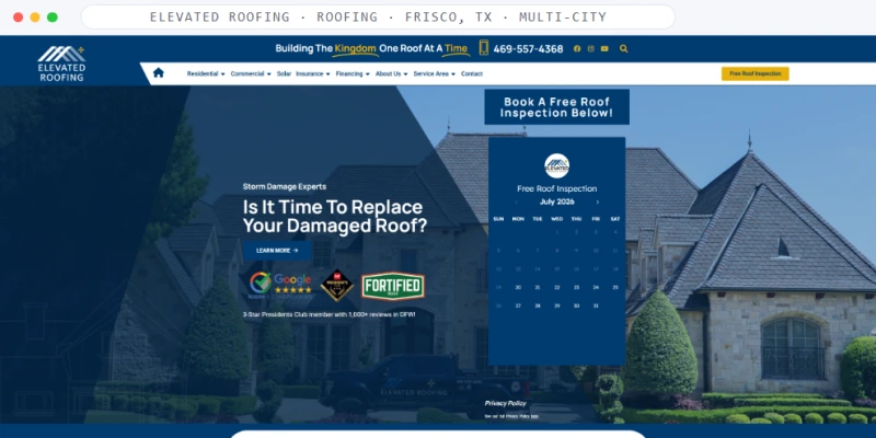 Homepage of Elevated Roofing, a Roofing · Frisco, TX · Multi-City business, shown in a browser window