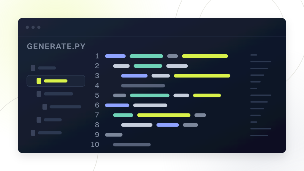 AI enterprise SEO. A dark code pane with its file tree, ten syntax colored lines and a minimap, the bulk transformation job a model is handed at a volume no team would staff.