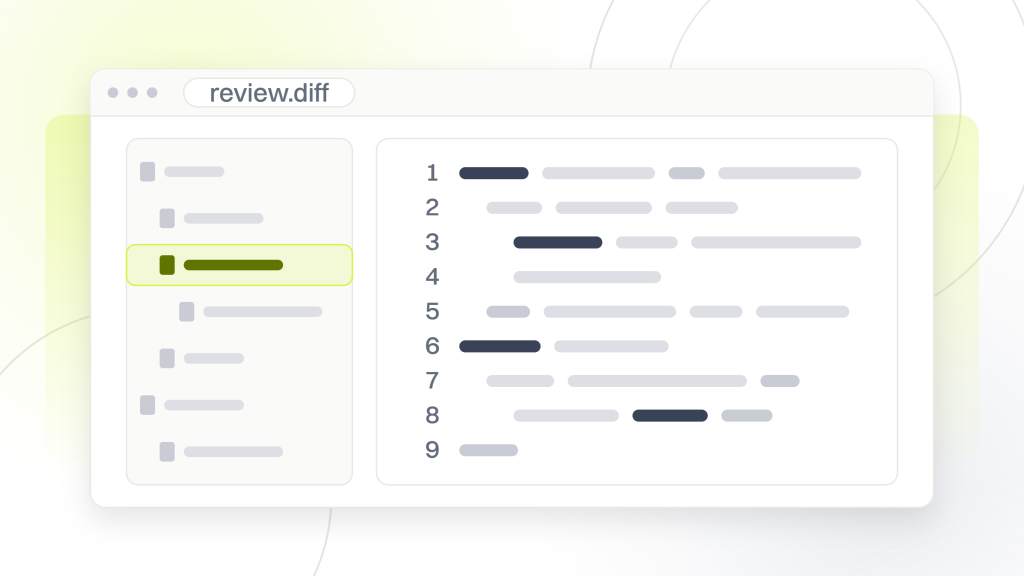 Enterprise AI SEO. A code editor with a file tree and eleven lines in the pane, two marked as additions, one as a deletion and one highlighted, the review a person still puts their name to.