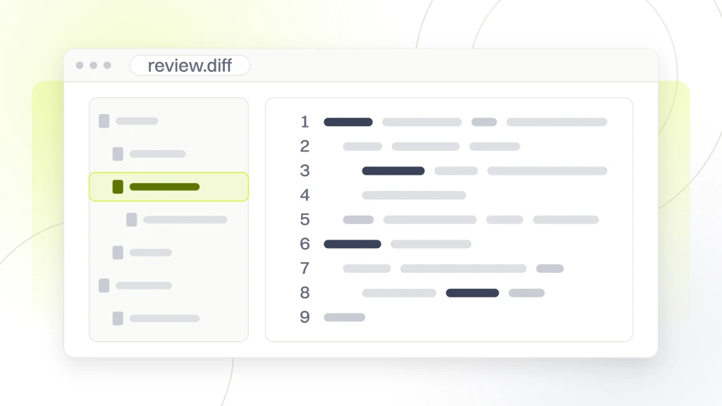 Enterprise AI SEO. A code editor with a file tree and eleven lines in the pane, two marked as additions, one as a deletion and one highlighted, the review a person still puts their name to.