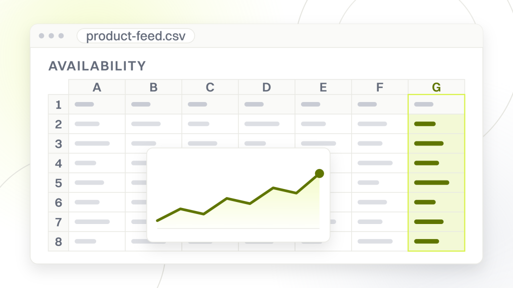 Enterprise ecommerce SEO consultant. A spreadsheet window holding a product feed, seven columns across seven rows with the availability column highlighted, the file that carries what a product page cannot.