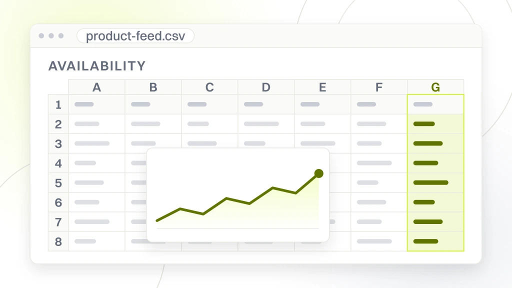 Enterprise ecommerce SEO consultant. A spreadsheet window holding a product feed, seven columns across seven rows with the availability column highlighted, the file that carries what a product page cannot.