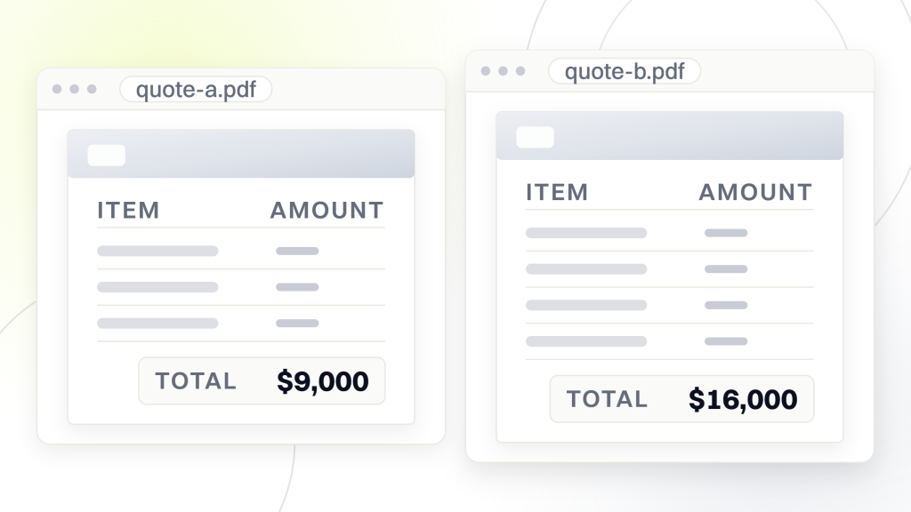 Enterprise SEO package. Two quote documents open side by side in a viewer. The left one, quote-a.pdf, lists three priced lines and totals $9,000 a month. The right one, quote-b.pdf, lists four and totals $16,000 a month. The line descriptions are blank rules, so only the two totals are stated, which is the pair the post divides by an hourly rate to turn the price difference into a difference in hours.