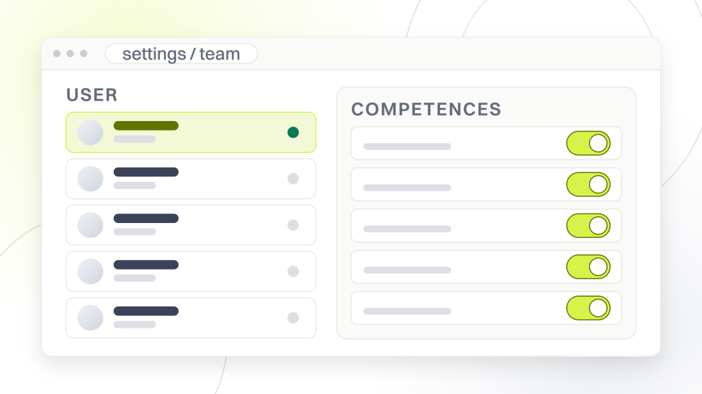 Enterprise SEO skills. A team settings window with a panel listing competences, crawl and log diagnosis, template and platform judgment, segmentation and measurement, content production and stakeholder management, each with its own state.