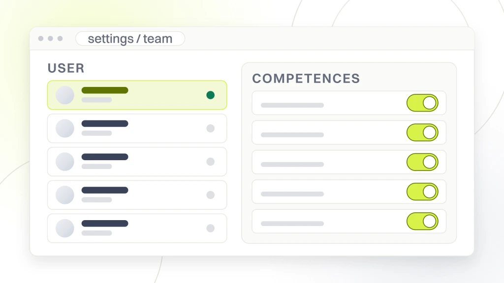 Enterprise SEO skills. A team settings window with a panel listing competences, crawl and log diagnosis, template and platform judgment, segmentation and measurement, content production and stakeholder management, each with its own state.