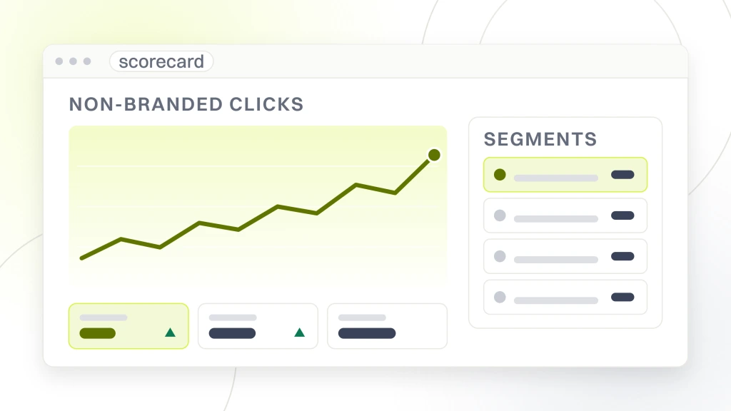 Enterprise SEO metrics. A scorecard window with a non-branded clicks chart on one side and a segment table on the other, above four metric tiles, the split that has to happen before any traffic number means anything.