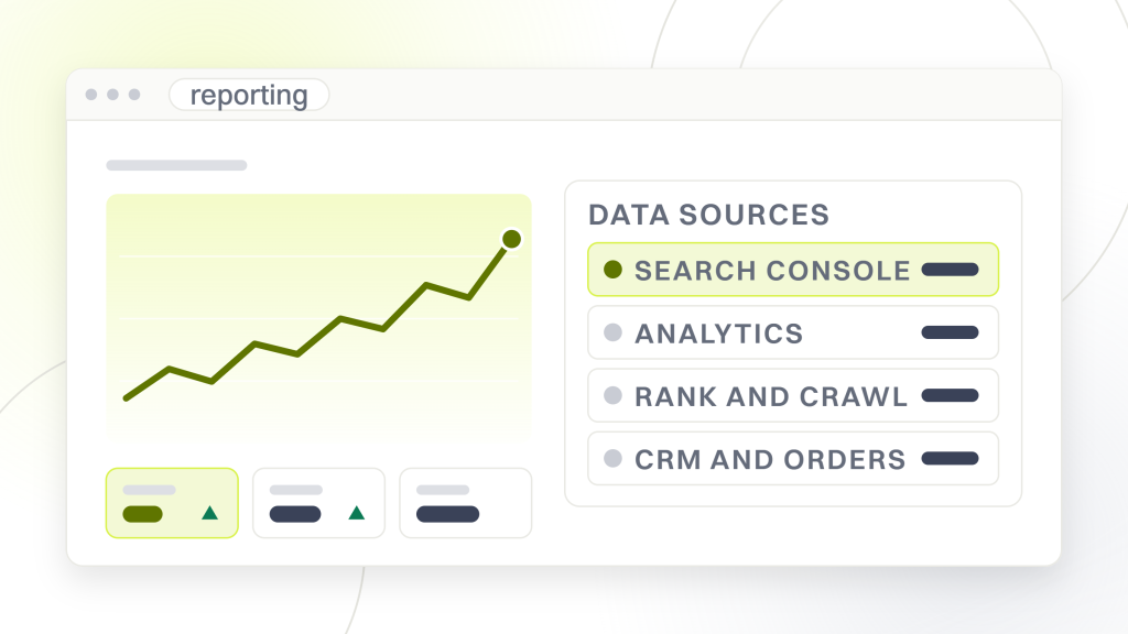 Enterprise SEO analytics. A reporting window with a trend line and three metric tiles on the left, and a panel headed data sources on the right listing four rows, Search Console, Analytics, Rank and crawl, and CRM and orders, with the first row marked.