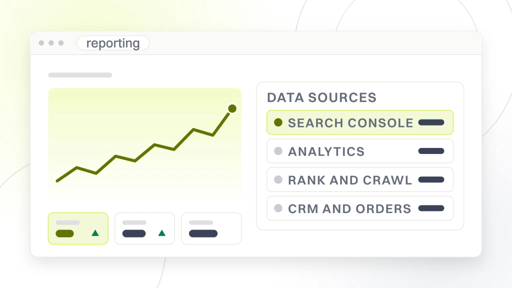 Enterprise SEO analytics. A reporting window with a trend line and three metric tiles on the left, and a panel headed data sources on the right listing four rows, Search Console, Analytics, Rank and crawl, and CRM and orders, with the first row marked.