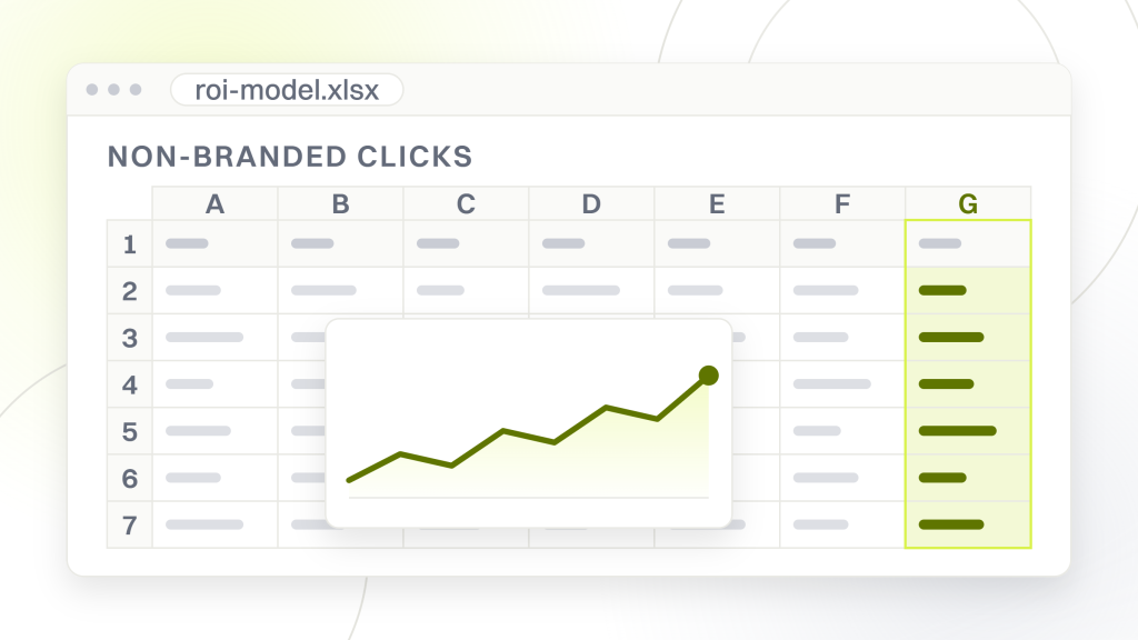 Enterprise SEO ROI. A spreadsheet window holding six rows across seven columns with the read column highlighted, the input sheet an ROI model is actually built on.