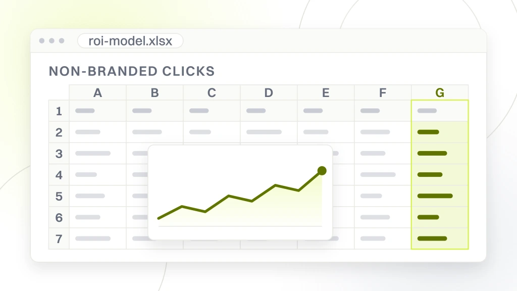 Enterprise SEO ROI. A spreadsheet window holding six rows across seven columns with the read column highlighted, the input sheet an ROI model is actually built on.