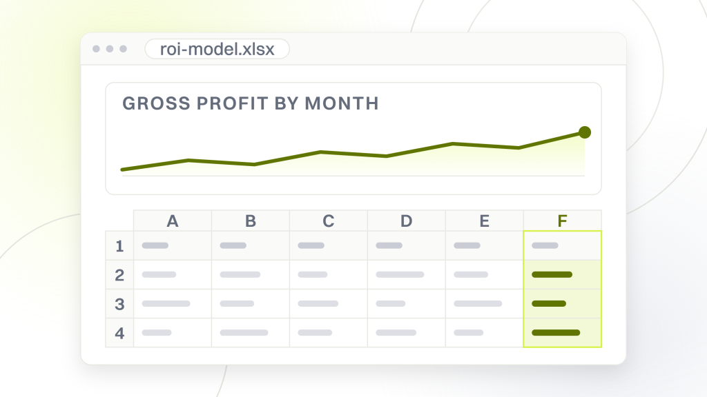 Enterprise SEO calculator. A spreadsheet window with a chart card above the table it was built from, showing a month by month ramp rather than one summed figure at the end of a year.