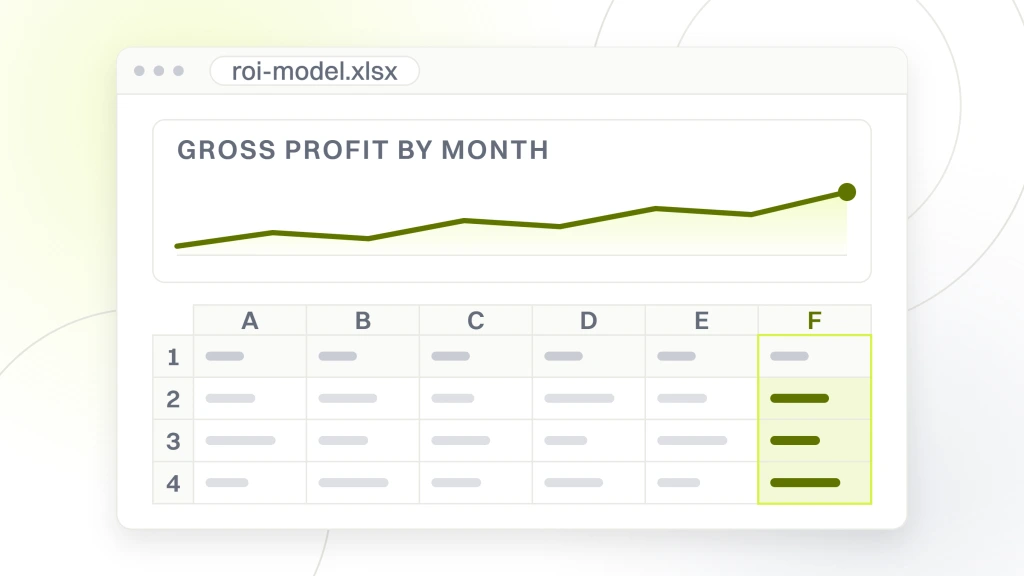 Enterprise SEO calculator. A spreadsheet window with a chart card above the table it was built from, showing a month by month ramp rather than one summed figure at the end of a year.