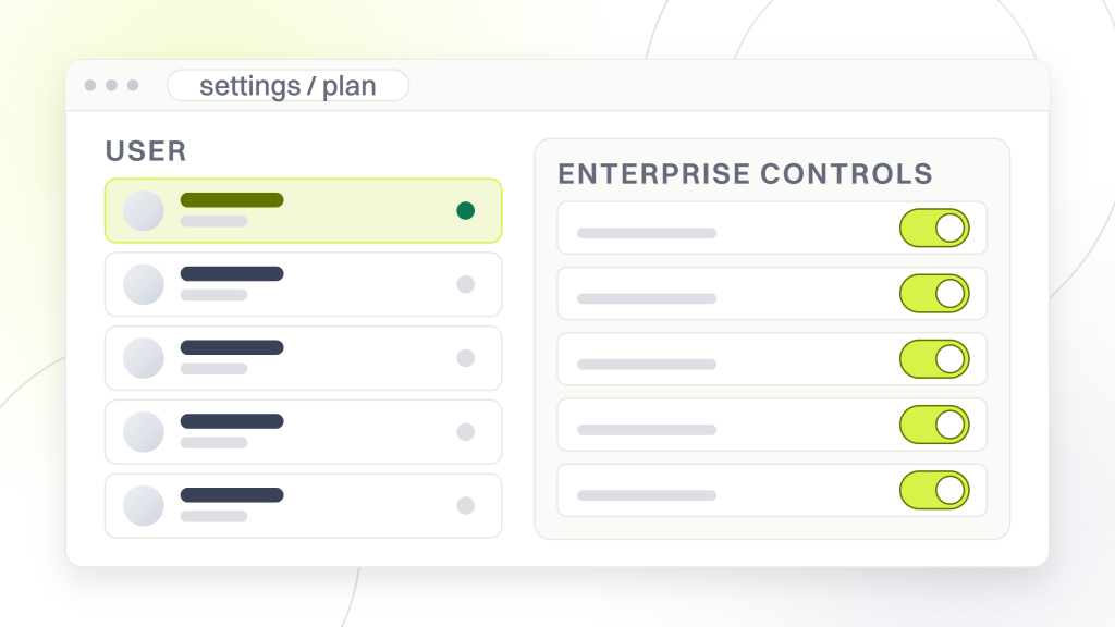 Enterprise SEO tools. A settings window with a permissions panel listing the enterprise controls, single sign on, access management, an audit log, uncapped API access and unlimited history, each with its own state.