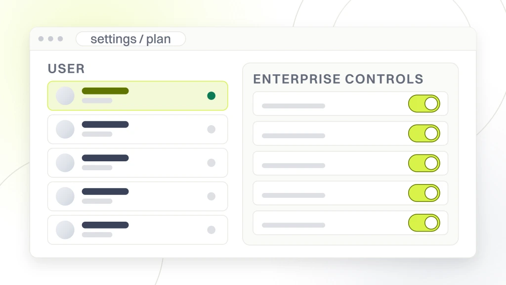 Enterprise SEO tools. A settings window with a permissions panel listing the enterprise controls, single sign on, access management, an audit log, uncapped API access and unlimited history, each with its own state.