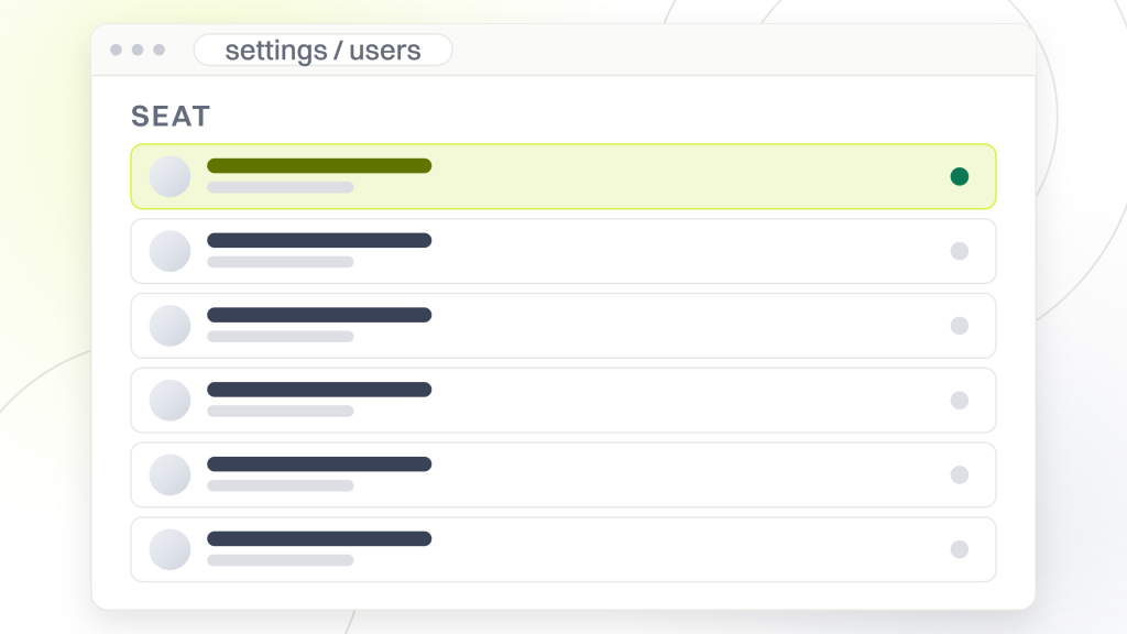 Enterprise SEO platform. A settings window showing a user table with the account owner at the top and five further seats under it, each with its role, the list a per seat price is charged against.