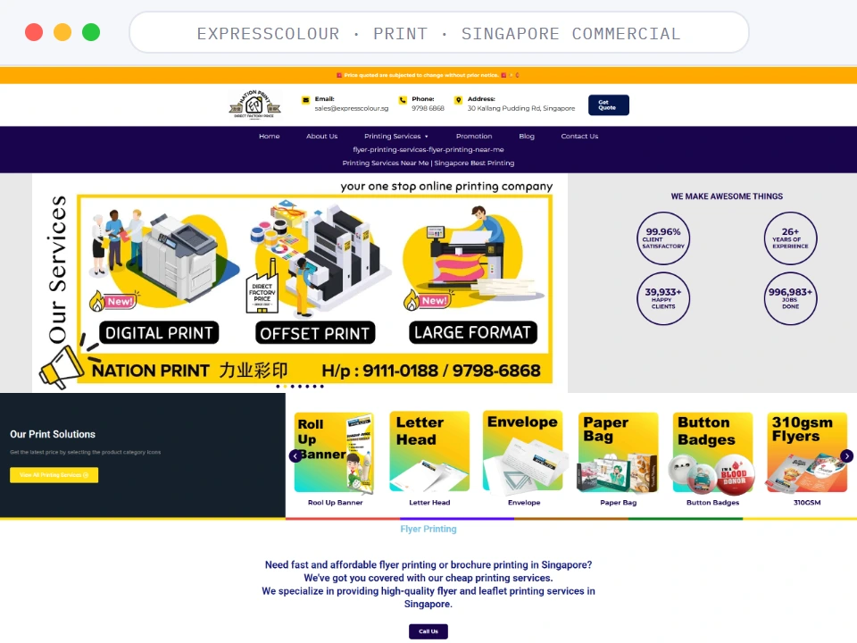 Homepage of ExpressColour, a Print · Singapore Commercial business, shown in a browser window