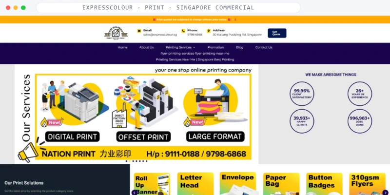 Homepage of ExpressColour, a Print · Singapore Commercial business, shown in a browser window