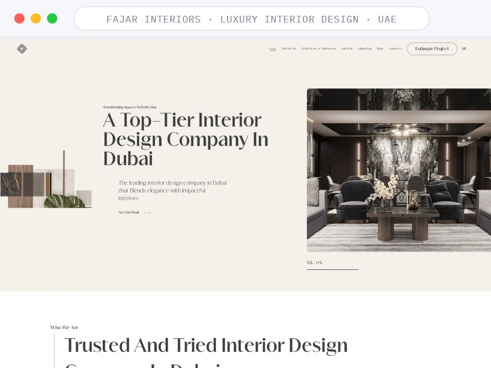 Homepage of Fajar Interiors, a Luxury Interior Design · UAE business, shown in a browser window