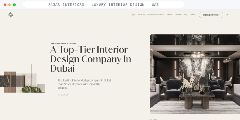 Homepage of Fajar Interiors, a Luxury Interior Design · UAE business, shown in a browser window
