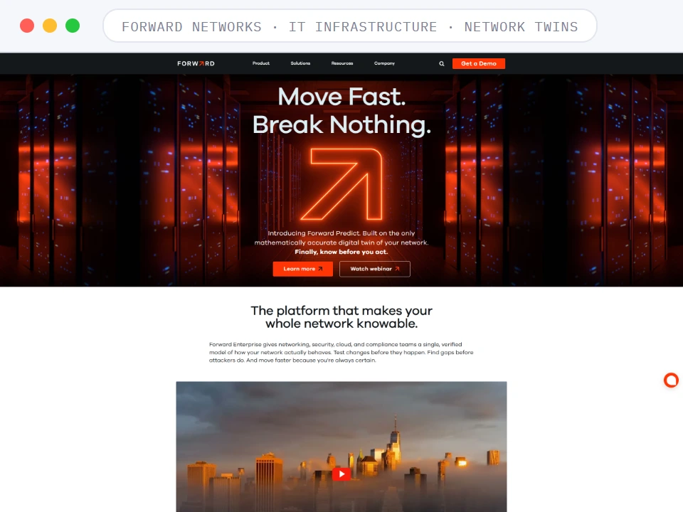 Homepage of Forward Networks, a IT Infrastructure · Network Twins business, shown in a browser window