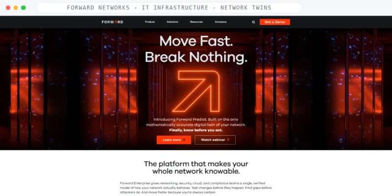 Homepage of Forward Networks, a IT Infrastructure · Network Twins business, shown in a browser window