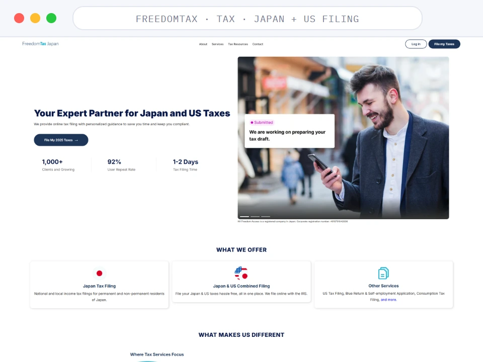 Homepage of FreedomTax, a Tax · Japan + US Filing business, shown in a browser window