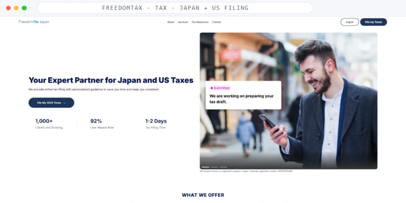 Homepage of FreedomTax, a Tax · Japan + US Filing business, shown in a browser window