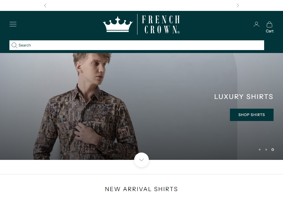 Homepage of French Crown, a Fashion · D2C apparel business, shown in a browser window