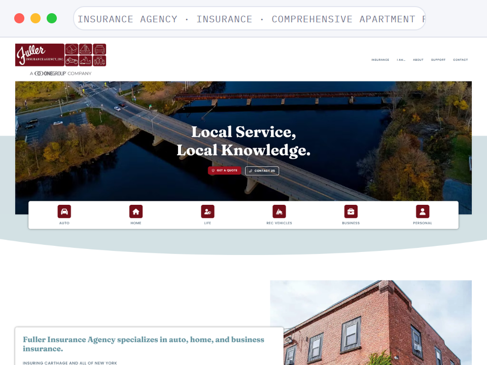 Homepage of Fuller Insurance Agency, a Insurance · Auto, Home and Business · New York business, shown in a browser window