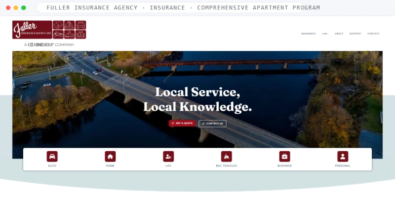 Homepage of Fuller Insurance Agency, a Insurance · Auto, Home and Business · New York business, shown in a browser window