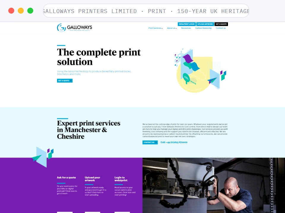 Homepage of Galloways Printers Limited, a Print · 150-Year UK Heritage business, shown in a browser window