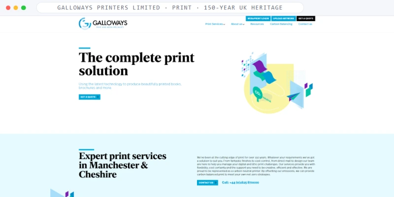 Homepage of Galloways Printers Limited, a Print · 150-Year UK Heritage business, shown in a browser window