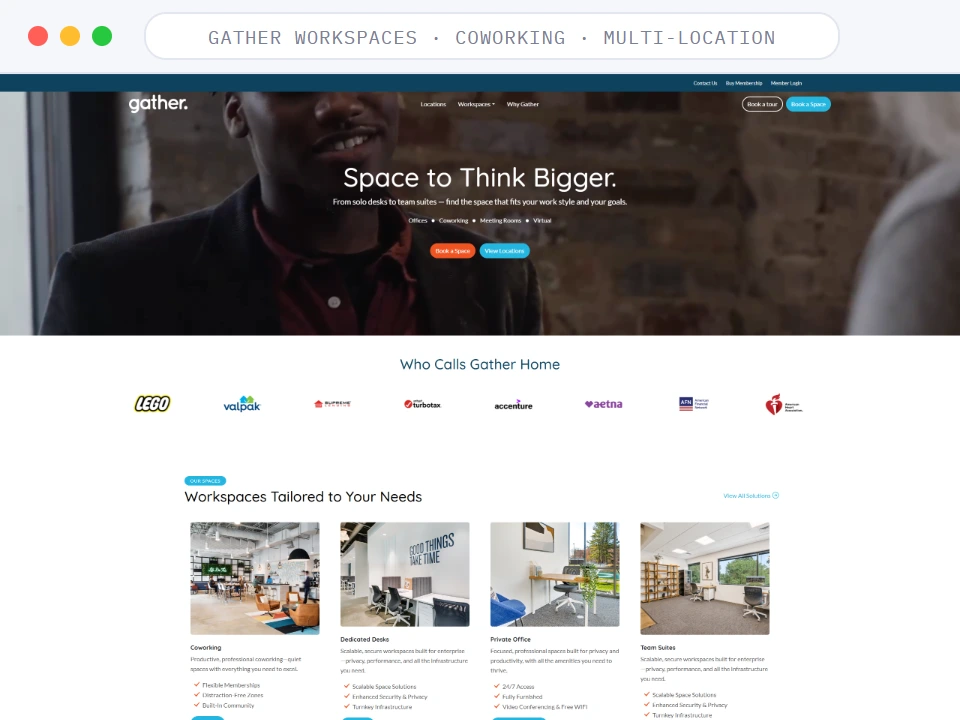Homepage of Gather Workspaces, a Coworking · Multi-location business, shown in a browser window