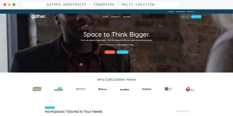 Homepage of Gather Workspaces, a Coworking · Multi-location business, shown in a browser window