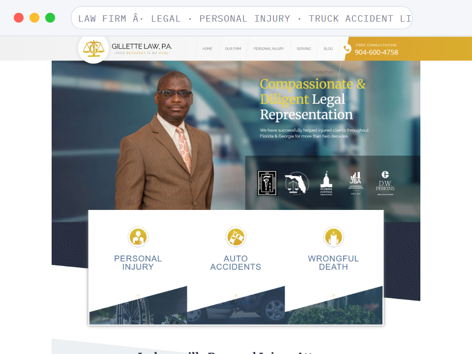 Homepage of Gillette Law Firm, a Legal · Personal injury · Truck accident litigation business, shown in a browser window