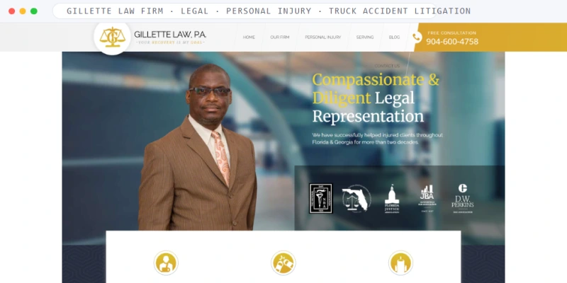 Homepage of Gillette Law Firm, a Legal · Personal injury · Truck accident litigation business, shown in a browser window