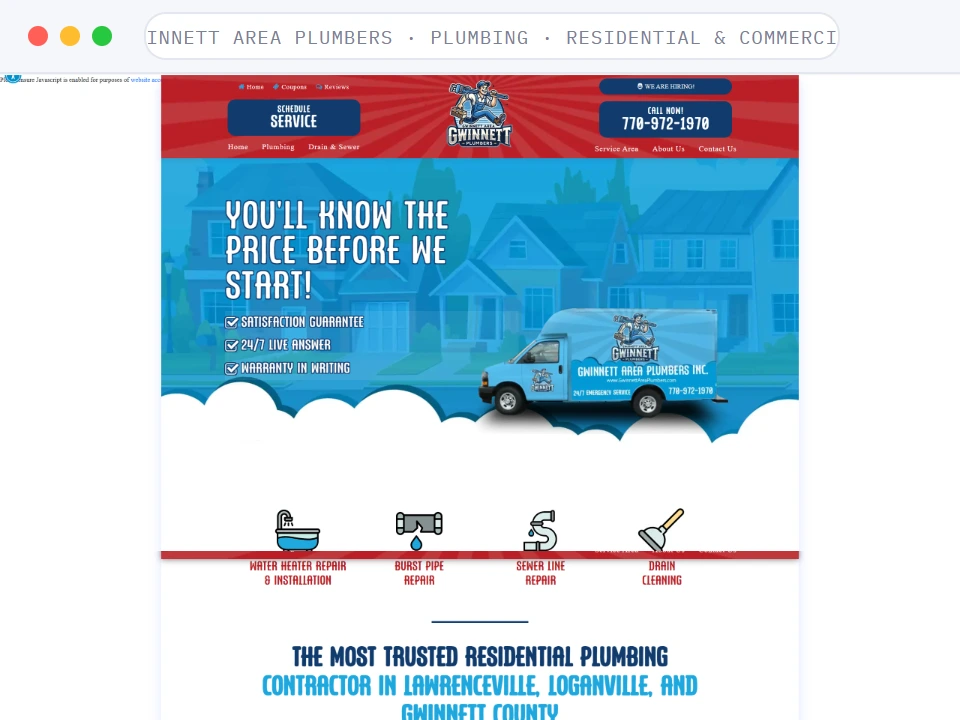 Homepage of Gwinnett Area Plumbers, a Plumbing · Residential & Commercial business, shown in a browser window