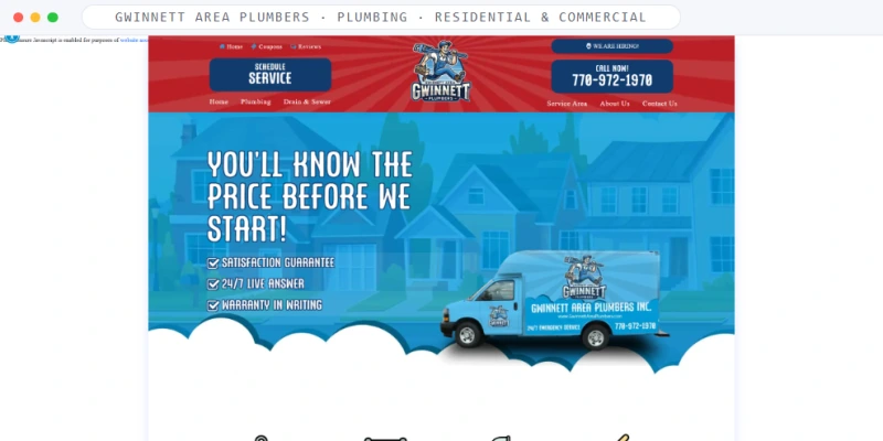 Homepage of Gwinnett Area Plumbers, a Plumbing · Residential & Commercial business, shown in a browser window