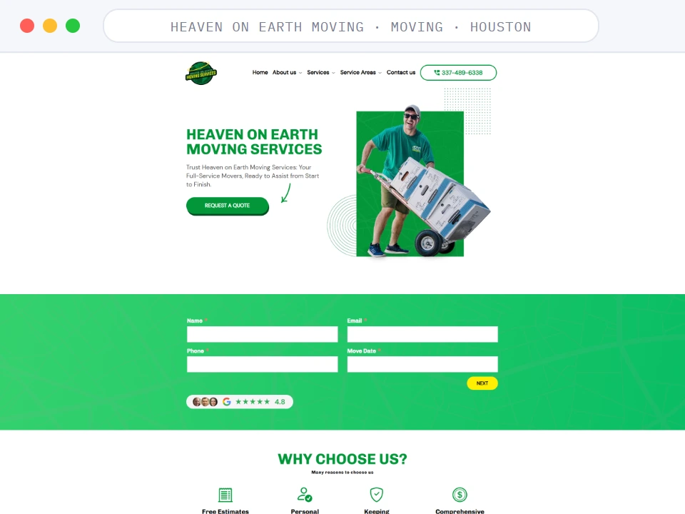 Homepage of Heaven on Earth Moving, a Moving · Houston business, shown in a browser window
